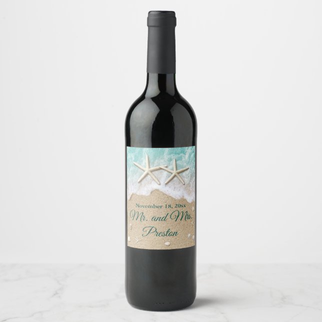 Beach Waves & Starfish Wine Label (Front)