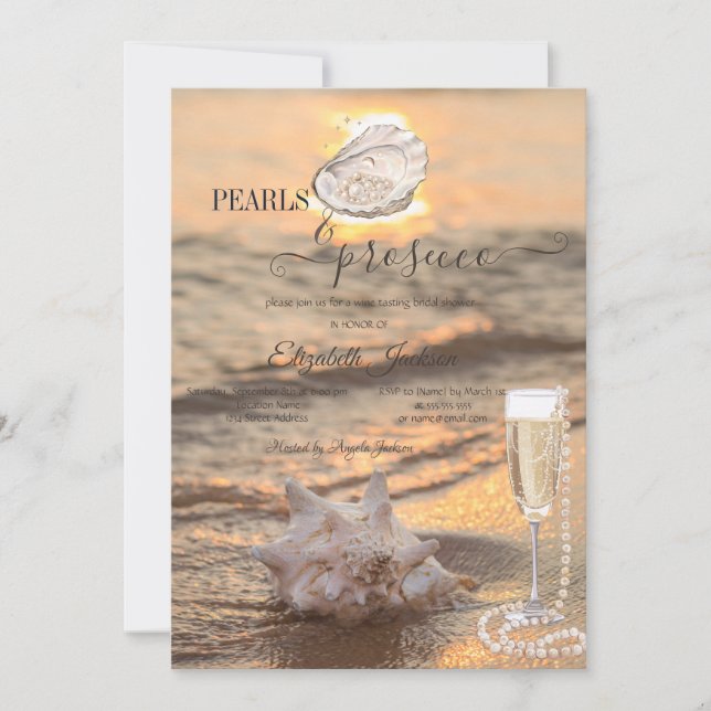 Beach Waves Sunset Seashell Pearls & Prosecco Invitation (Front)