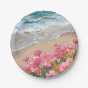 Beach Waves Watercolor Pink Floral Shore Painting Paper Plate