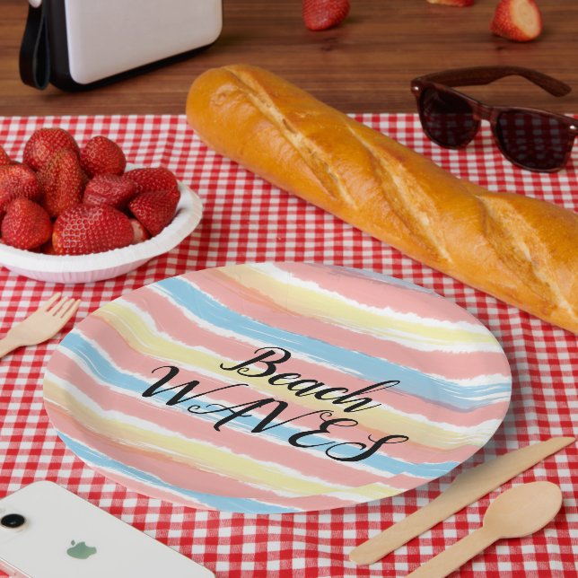Beach Waves Yellow Pink Blue Watercolor Paper Plate (Picnic)