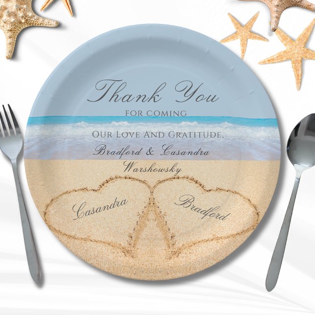 Beach Wedding 2 Hearts in the Sand  Wedding  Paper Paper Plate (Creator Uploaded)