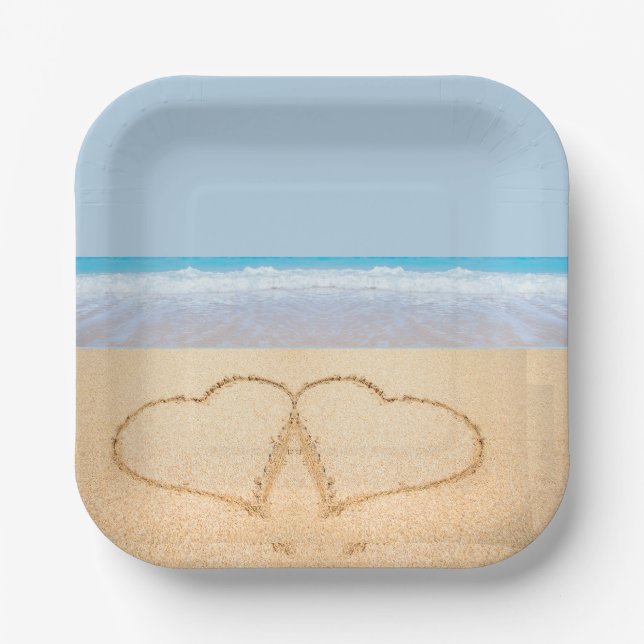 Beach Wedding 2 Hearts in the Sand  Wedding   Paper Plate (Front)