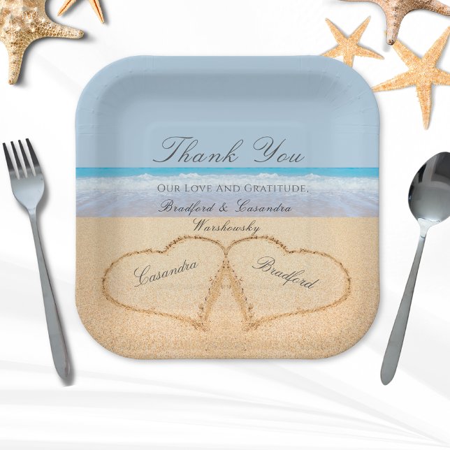 Beach Wedding 2 Hearts in the Sand  Wedding  Paper Plate (Creator Uploaded)