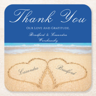 Beach Wedding 2 Hearts in the Sand Wedding Square Paper Coaster