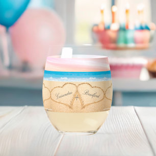 Beach Wedding 2 Hearts Sand Blush Pink Sunset  Stemless Wine Glass