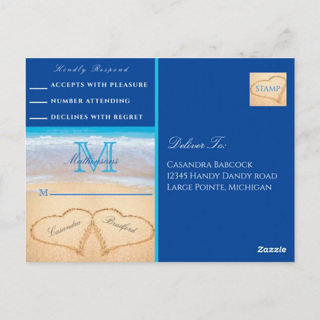 Beach Wedding 2 Hearts Sand  Dark Blue RSVP  Postcard (Back)