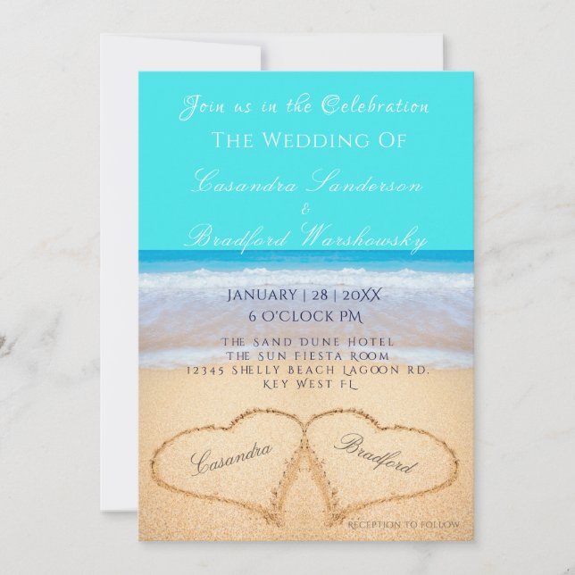 Beach Wedding 2 Hearts Sand Teal Blue Invitation (Front)