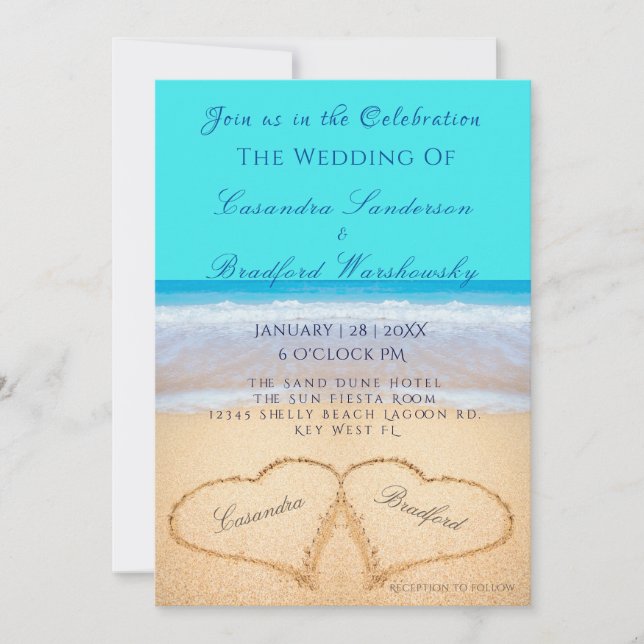 Beach Wedding 2 Hearts Sand Teal Blue Invitation (Front)