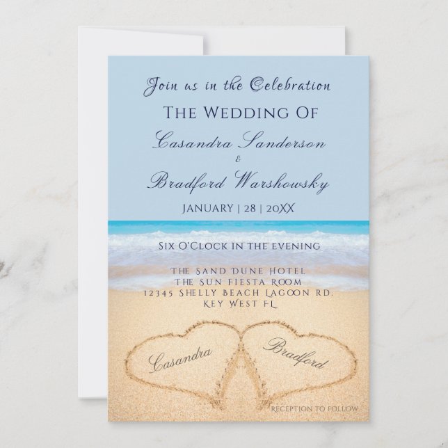 Beach Wedding 2 Hearts Sand Wedding Dusty Blue Invitation (Front)