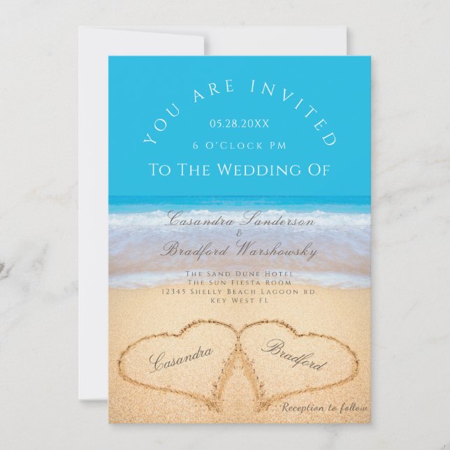 Beach Wedding 2 Hearts Sand Wedding Ocean Blue Inv Invitation (Front)