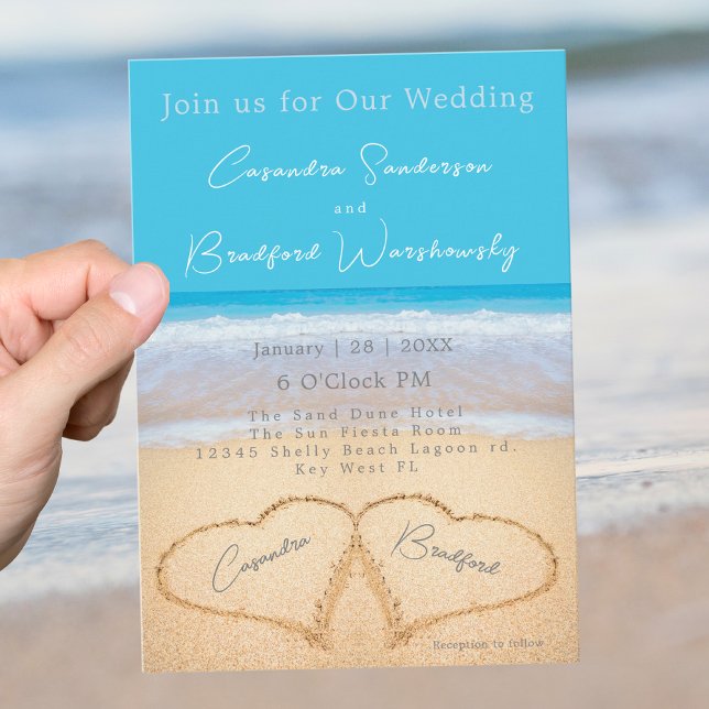Beach Wedding 2 Hearts Sand Wedding Ocean Blue Inv Invitation (Creator Uploaded)