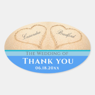 Beach Wedding 2 Hearts Sand  Wedding  Thank You  Oval Sticker
