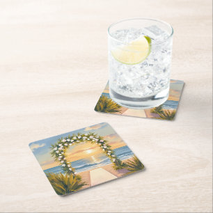Beach Wedding Arch Floral Watercolor Square Paper Coaster