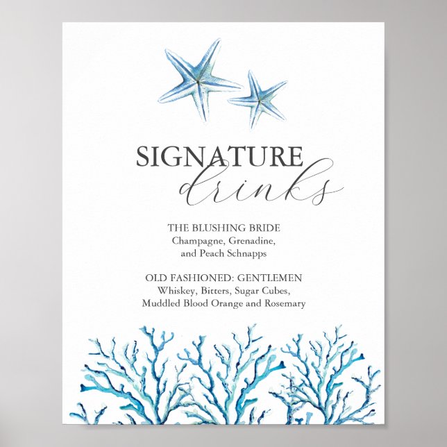 Beach Wedding Bar Sign Watercolor Starfish (Front)