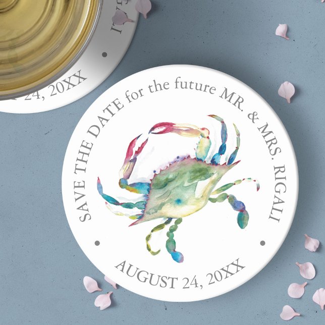 Beach Wedding Blue Crab Save the Date Round Paper Coaster (save the date beach wedding watercolor blue crab unique art by Victoria Grigaliunas)