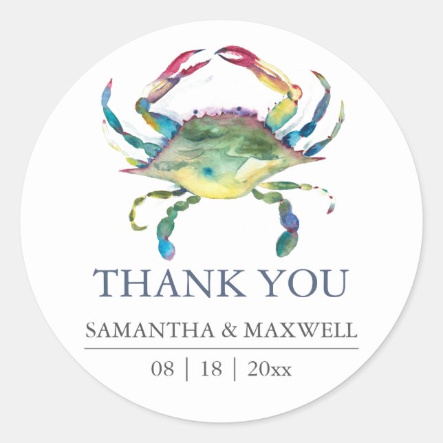Beach Wedding Blue Crab Thank You Favour Classic Round Sticker (Front)