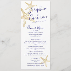 Beach Wedding Blue Gold Starfish Modern Menu