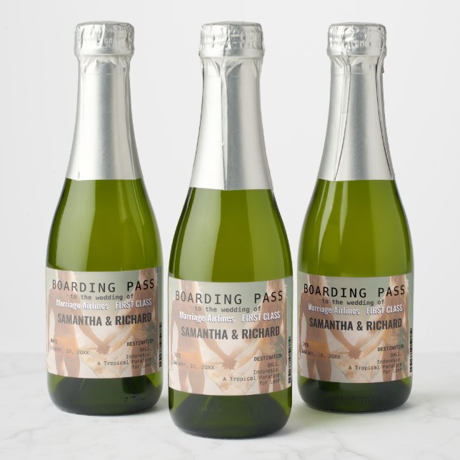Beach Wedding Boarding Pass Romantic  Sparkling Wine Label (Bottles)