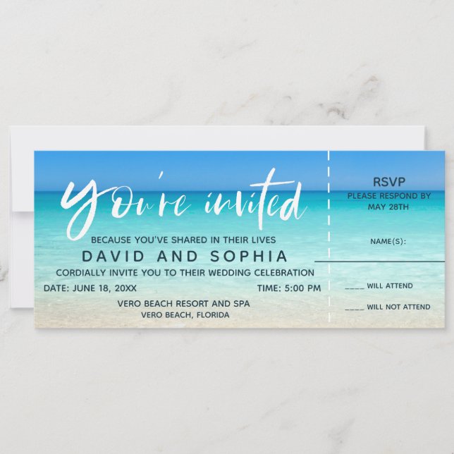 Beach Wedding Boarding Pass Ticket RSVP Invitation (Front)