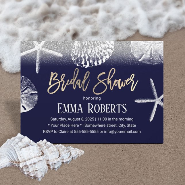 Beach Wedding Bridal Shower Navy Blue Seashells Invitation (Creator Uploaded)