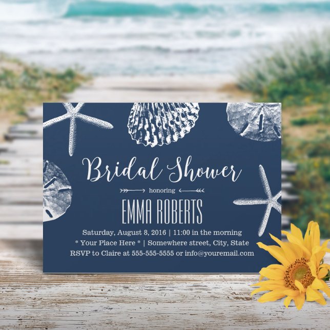 Beach Wedding Bridal Shower Navy Blue Seashells Invitation (Creator Uploaded)