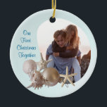 Beach Wedding Christmas Ceramic Tree Decoration<br><div class="desc">Our First Christmas Together ornament with seashells,  starfish and sand dollars.  Perfect keepsake gift for newlyweds with a beach themed wedding.</div>