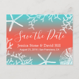 Beach Wedding Coral Reef Starfish Save the Date Announcement Postcard