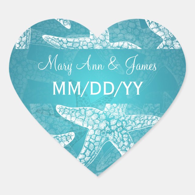 Beach Wedding Date Starfish Blue Heart Sticker (Front)