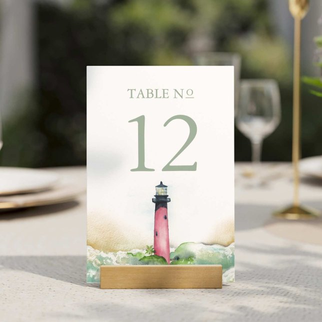 Beach Wedding Decor Lighthouse Table Number (wedding decor watercolor beach lighthouse art by Victoria Grigaliunas of Do Tell A Belle)