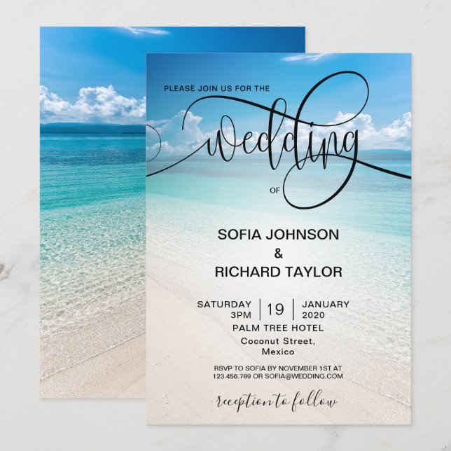 beach wedding destination tropical summer sea invitation (Front/Back)