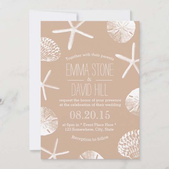 Beach Wedding Elegant Neutral Starfish Sand Dollar Invitation (Front)