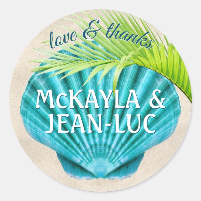 Beach Wedding Favour Love & Thanks Shell Palm Leaf Classic Round Sticker (Front)