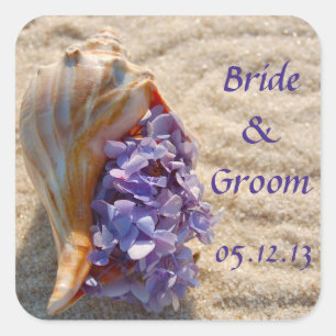 Beach Wedding Favour Sticker: Sea Shell & Hydrange Square Sticker