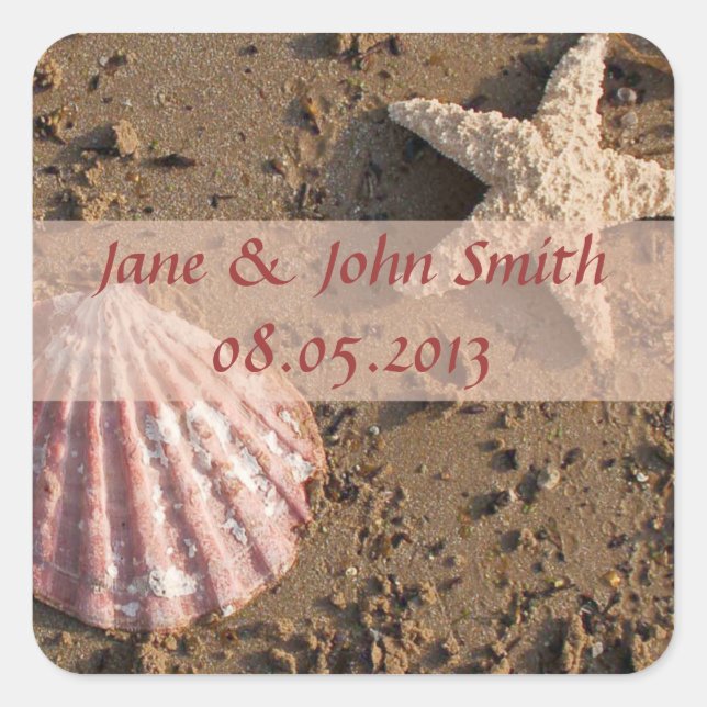 Beach Wedding Favour Stickers:  Shell and Starfish Square Sticker (Front)