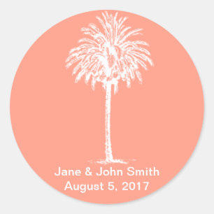 Beach Wedding Favour Stickers: White Palm on Coral Classic Round Sticker