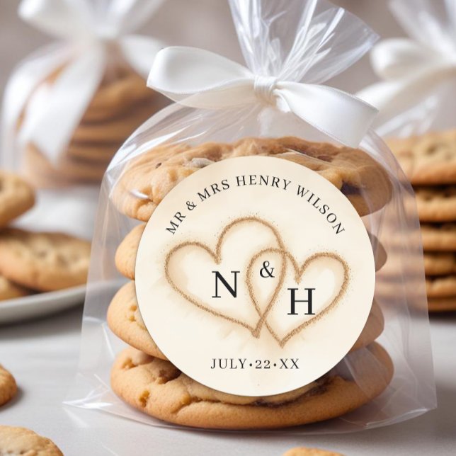 Beach Wedding Favour Stickers with Sand Hearts (Wedding Favor Sticker)