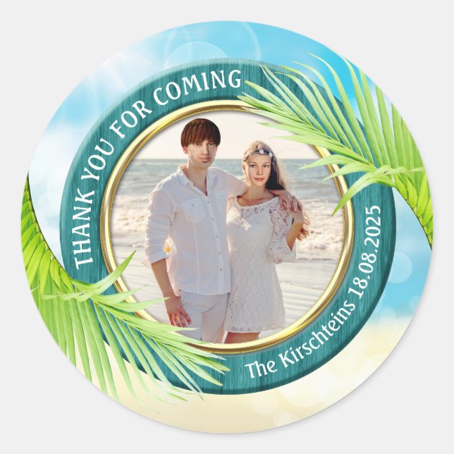 Beach Wedding Favour Your Photo Palm Leaf Tropical Classic Round Sticker (Front)