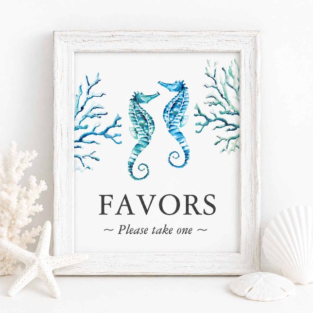 Beach Wedding Favours Sign Seahorse (Beach wedding favors sign with watercolor seahorses by Victoria Grigaliunas of Do Tell A Belle)