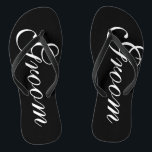 Beach wedding flip flops for groom and bride<br><div class="desc">Elegant wedding flip flops for groom and bride. Custom strap colour for him and her / men and women. Custom background colour and personalizable with name initials. Modern black and white his and hers sandals with stylish script calligraphy typography. Cute party favour for beach theme wedding, marriage, bridal shower, engagement,...</div>