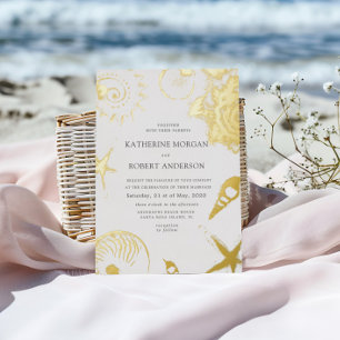 Beach wedding golden blue Wedding Foil Invitation