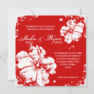 Beach Wedding Grunge Hibiscus Cherry Red Invitation