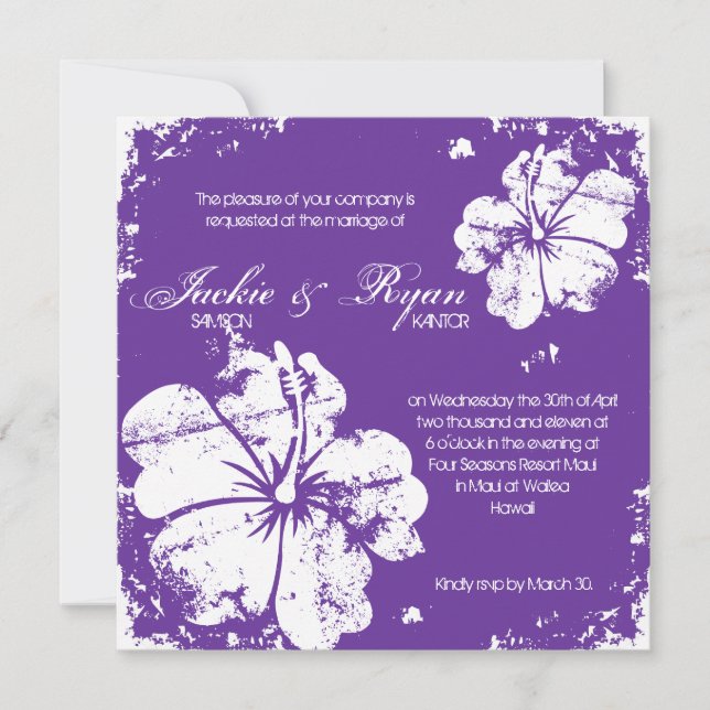 Beach Wedding Grunge Hibiscus Purple Invitation (Front)
