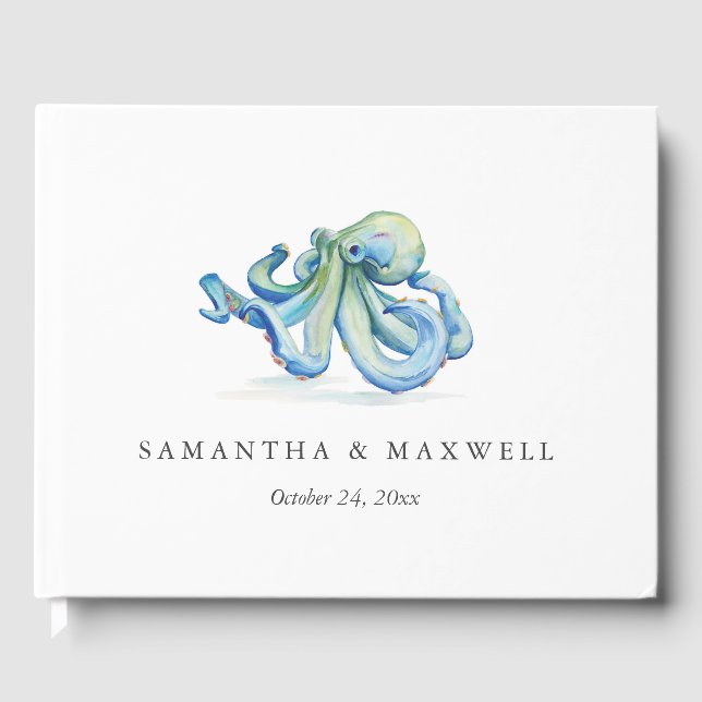 Beach Wedding Guest Book Watercolor Octopus (Front)
