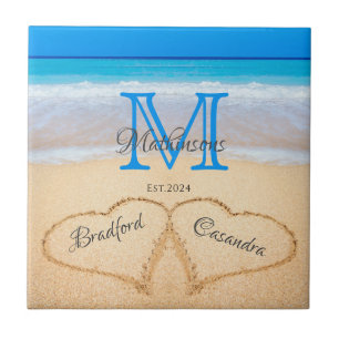 Beach Wedding Hearts in Sand Family Monogram Tile