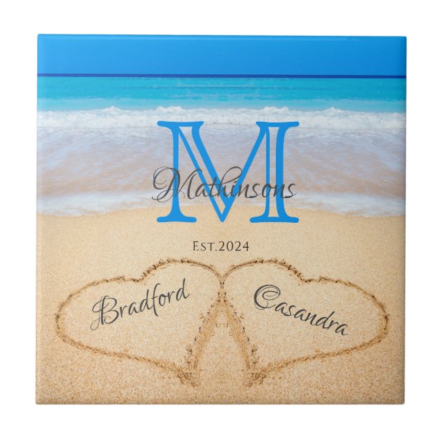  Beach Wedding Hearts in Sand Family Monogram  Tile (Front)