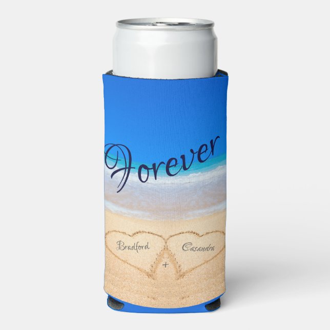  Beach Wedding Hearts in Sand Guest Keepsake Can C Seltzer Can Cooler (Seltzer Front)