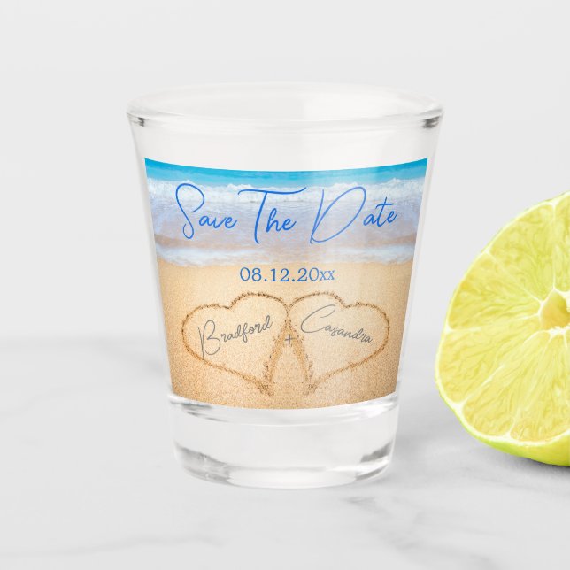  Beach Wedding Hearts in Sand Save The Date Shot Glass (Front)