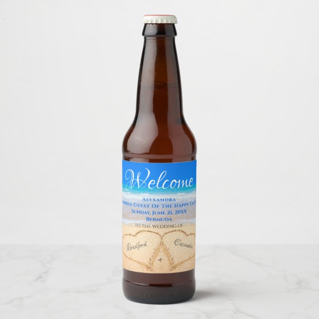  Beach Wedding Hearts in Sand Welcome Keepsake  Be Beer Bottle Label (Front)