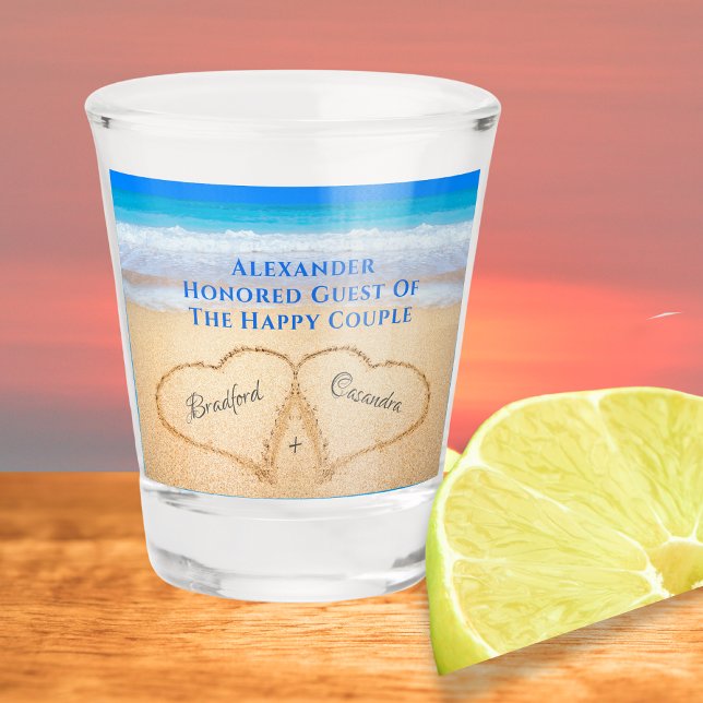  Beach Wedding Hearts in Sand Welcome  Shot Glass (Creator Uploaded)