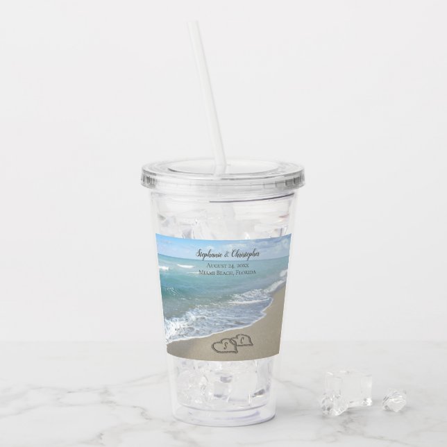Beach Wedding Hearts in the Sand Elegant Acrylic Tumbler (Front Ice)